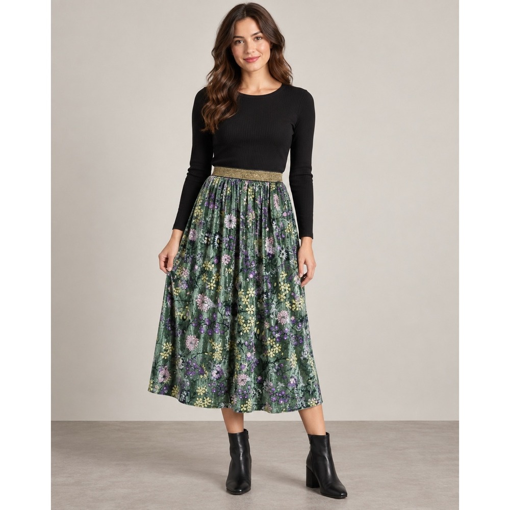 ModCloth Green Floral Velvet Pleated Midi Skirt XS Metallic Gold Waist
